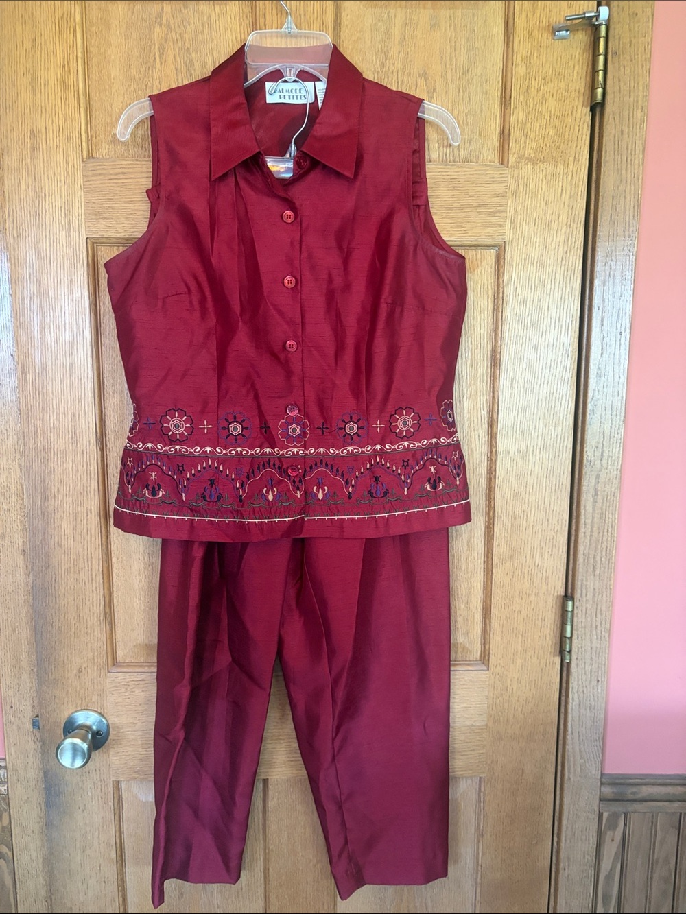 Sleeveless Embroidered Two-Piece Set - Wine